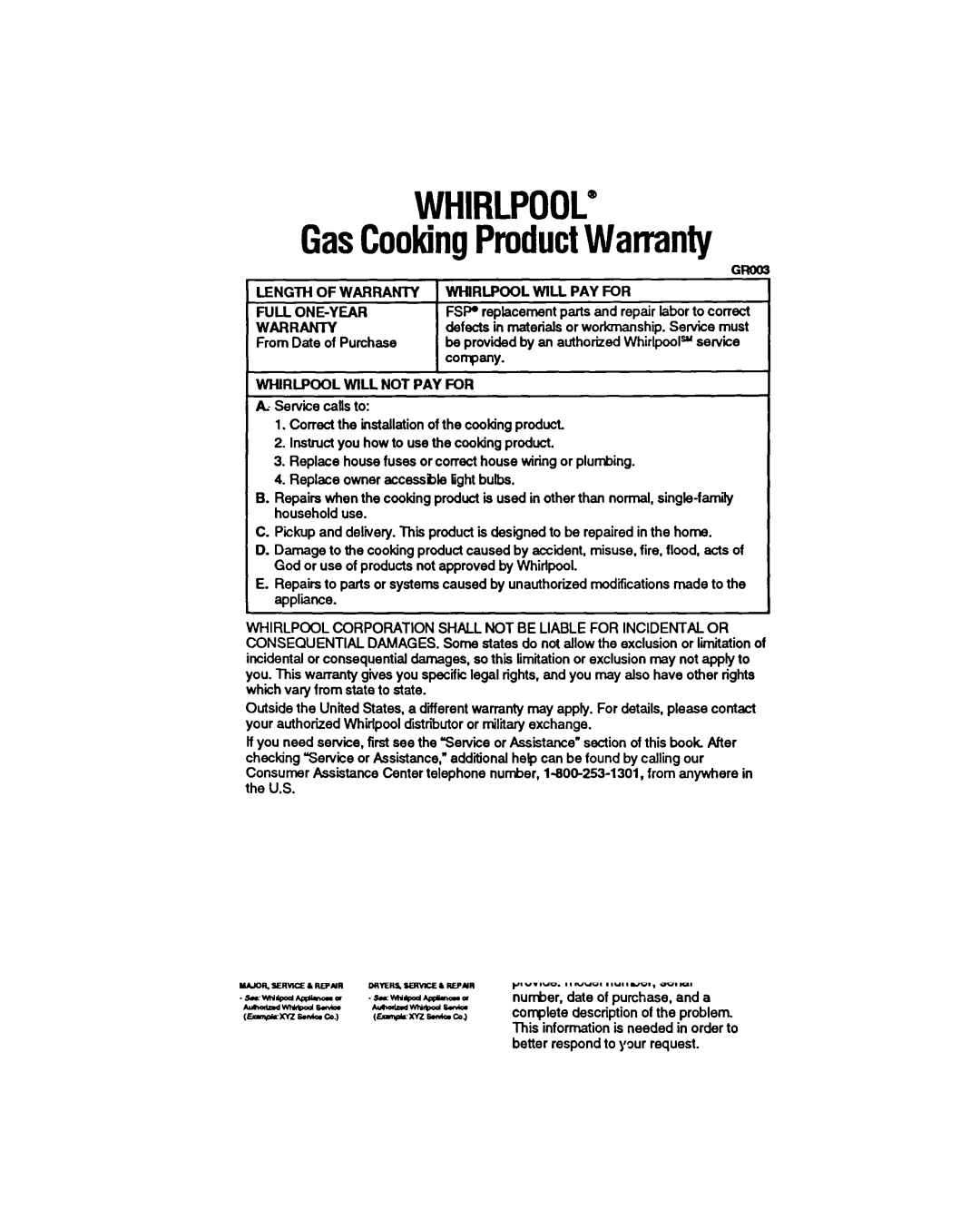 Whirlpool SS373PEX manual From Date of Purchase, Rev. B, Whirlpool Corporation 