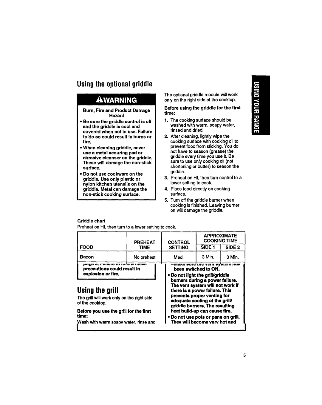 Whirlpool SS373PEX manual Using the optional griddle 