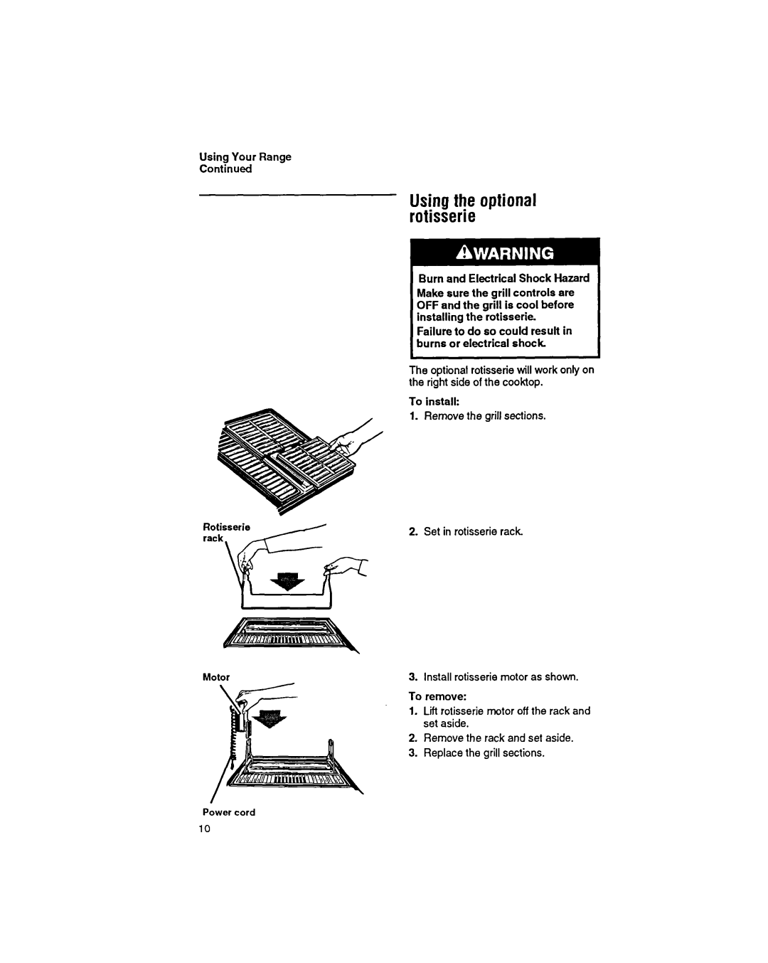 Whirlpool SS373PEX manual Using the optional rotisserie 
