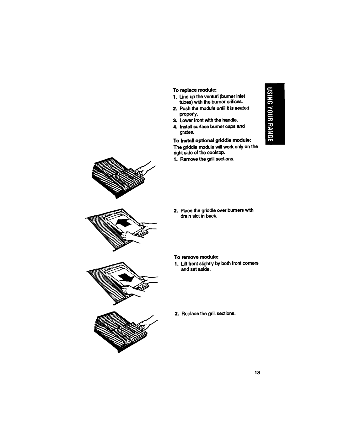 Whirlpool SS373PEX manual To replace module, To Install optlonal griddle module, To remove module 