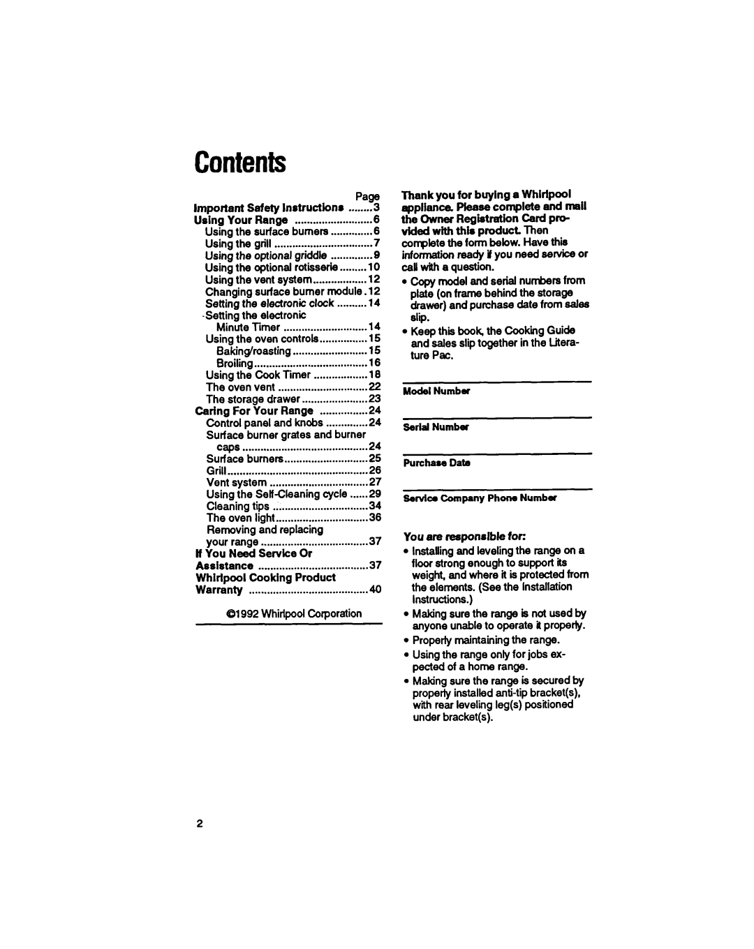 Whirlpool SS373PEX manual Contents 