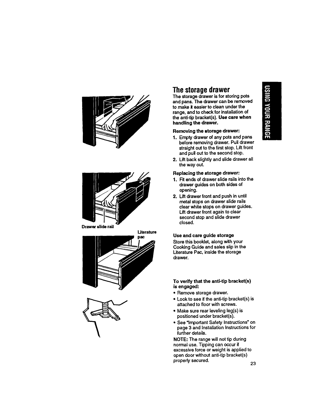 Whirlpool SS373PEX Thestorauedrawer, Removing the storage drawer, Replacing the storage drawer, Use and care guide storage 