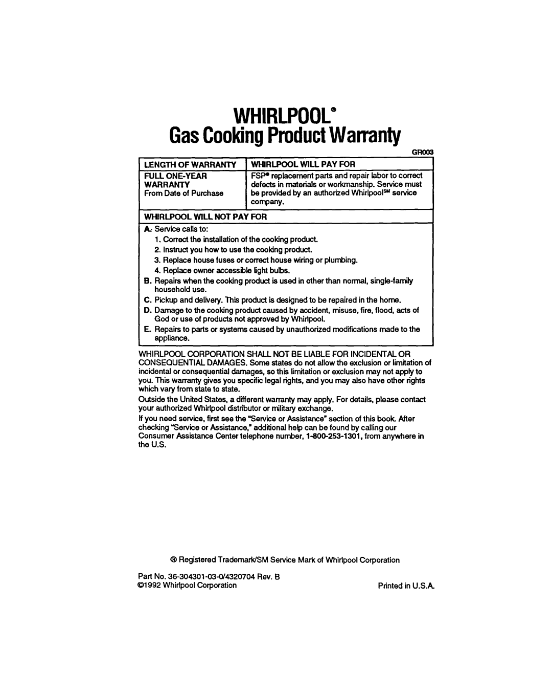 Whirlpool SS373PEX manual WHIRLPOOL” GasCookingProductWarranty 