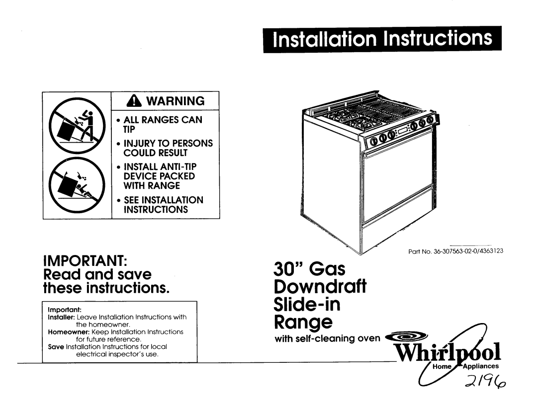 Whirlpool SS373PEX1 installation instructions Gas Downdraft Slide-in Range, Important Read and save these instructions 