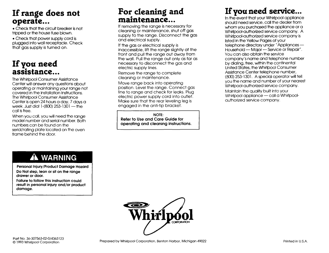 Whirlpool SS373PEX1 installation instructions If range does not operate, assistance, maintenance, If you need setice 