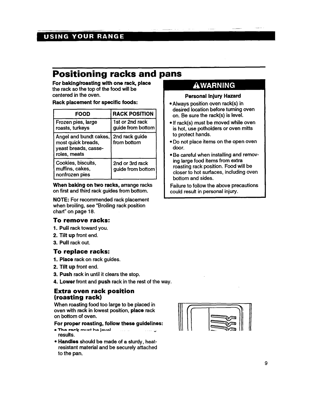 Whirlpool SS385PEB Positioning racks, Pans, To remove racks, To replace racks, Extra oven rack position roasting rack 