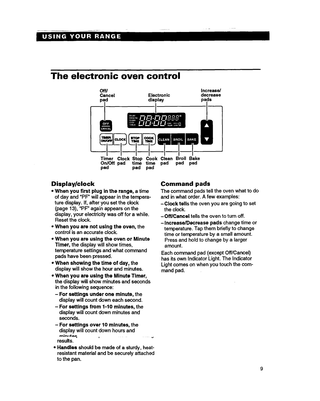 Whirlpool SS385PEB warranty Electronic Oven control, Pad, Display/clock, Command pads 