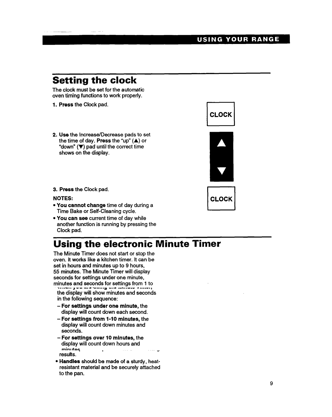 Whirlpool SS385PEB warranty Setting the clock, Using the electronic Minute, Timer 