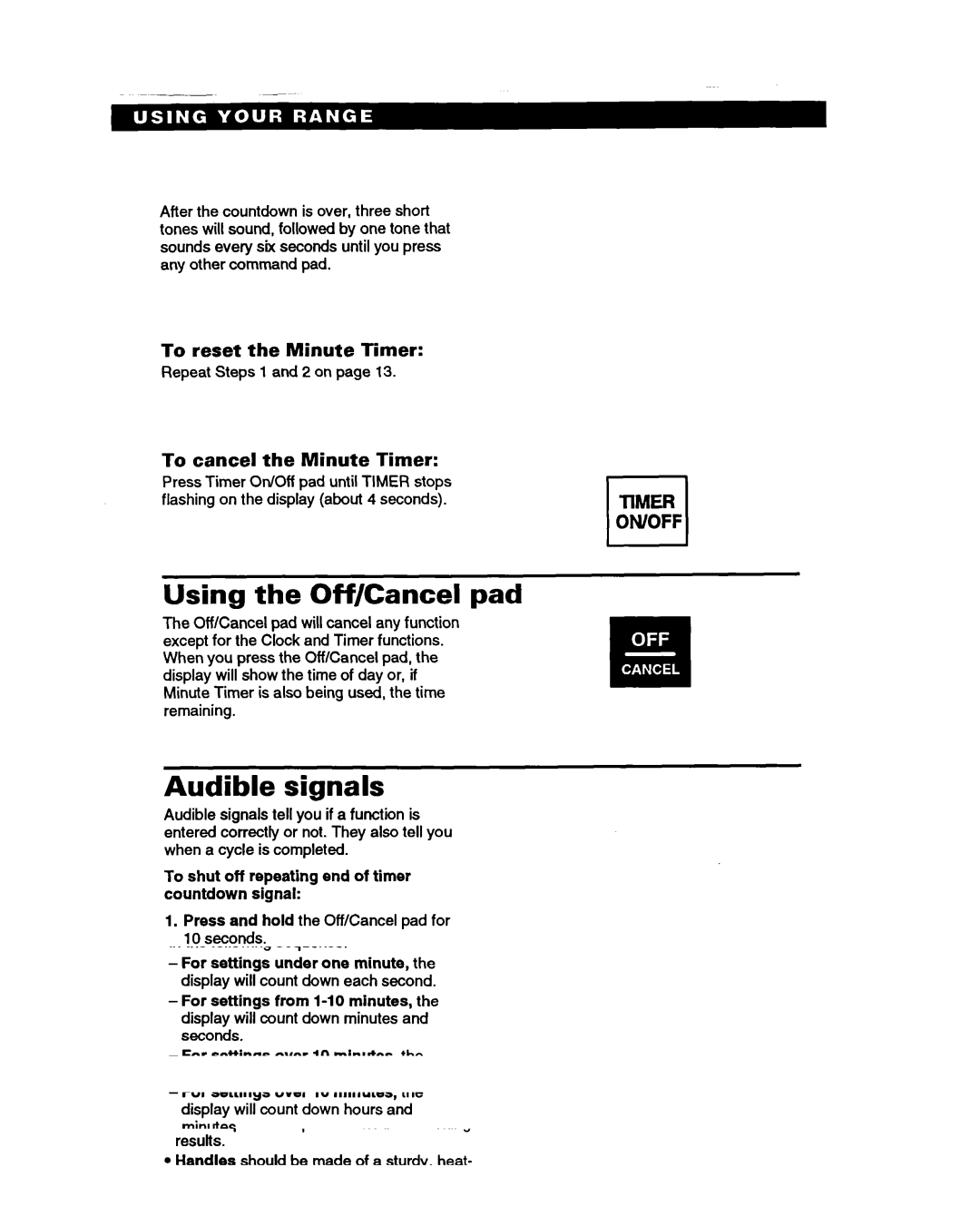 Whirlpool SS385PEB Using the Off/Cancel pad, Audible signals, To reset the Minute Timer, To cancel the Minute Timer, LlMER 