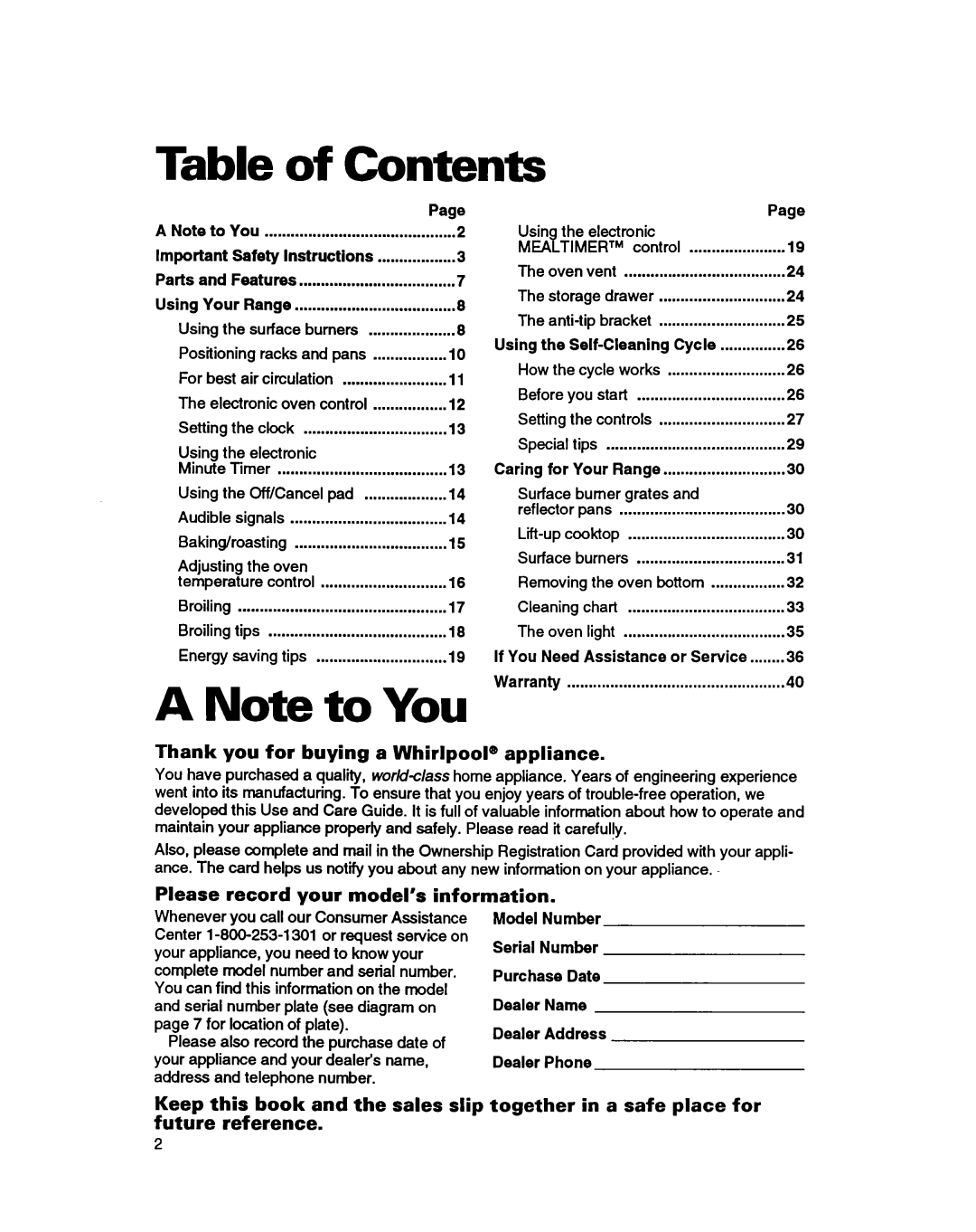 Whirlpool SS385PEB warranty Contents, You 