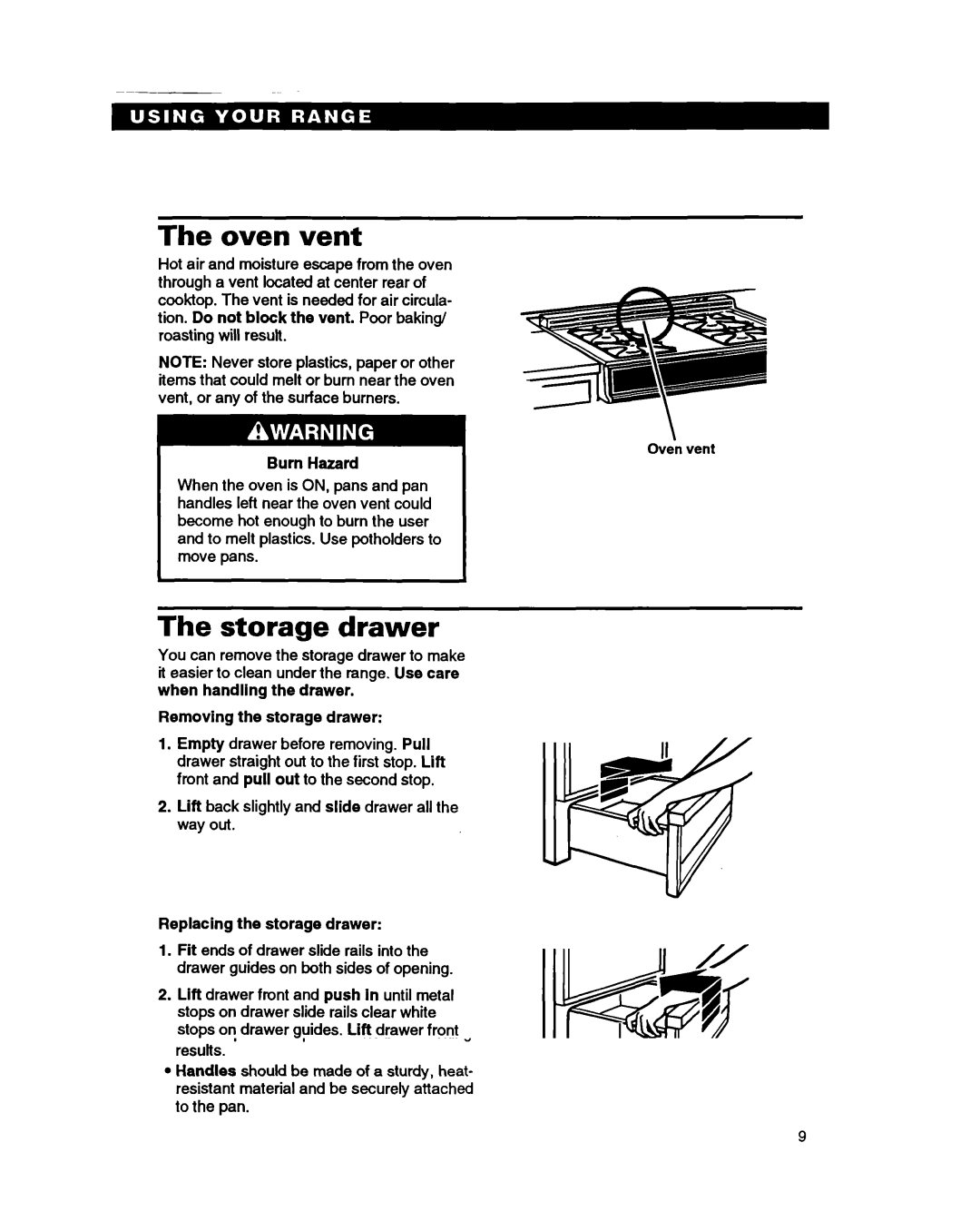 Whirlpool SS385PEB Oven vent, Storage drawer, Burn Hazard, Removing the storage drawer, Replacing the storage drawer 