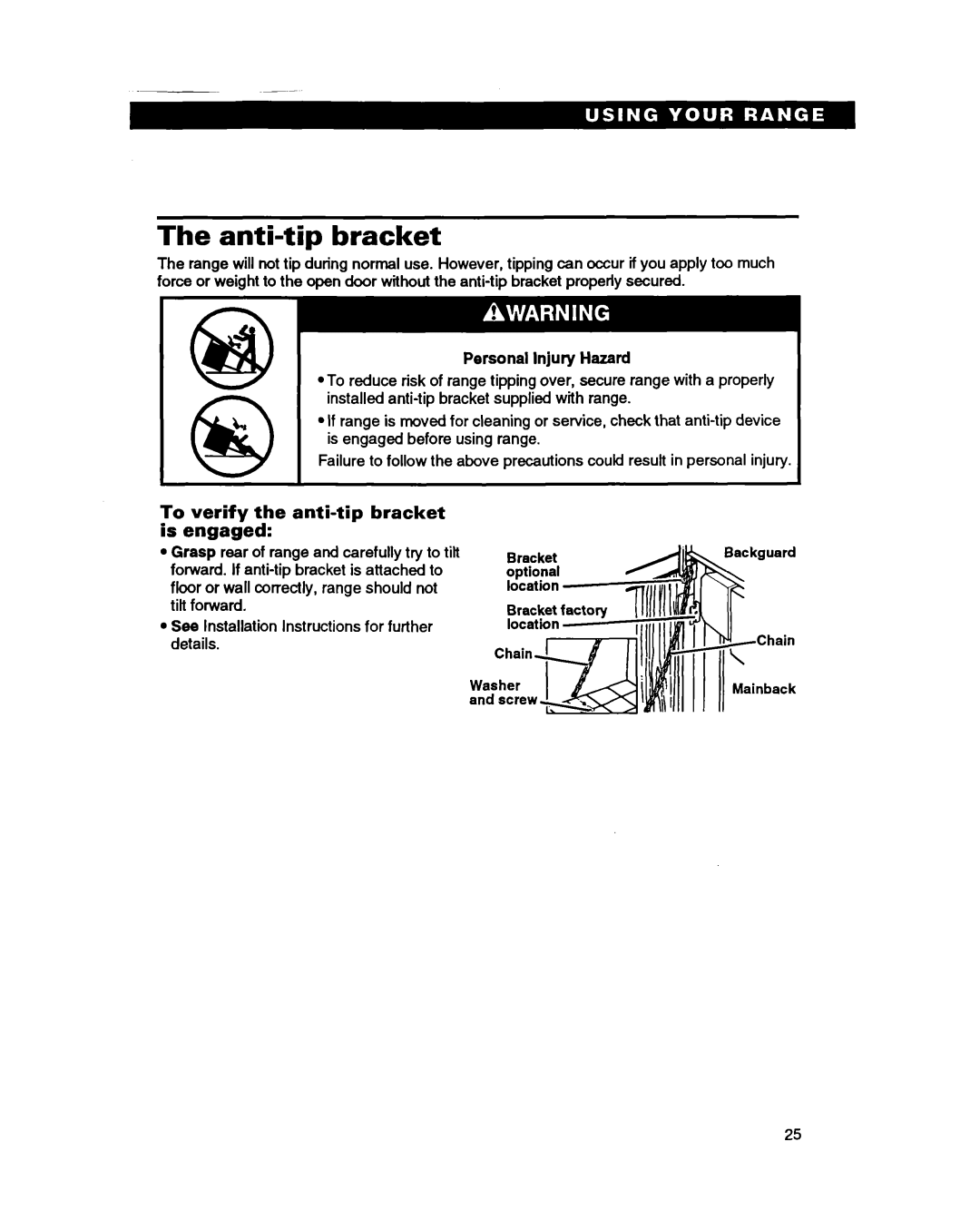 Whirlpool SS385PEB warranty Anti-tip bracket, To verify the anti-tip bracket is engaged 