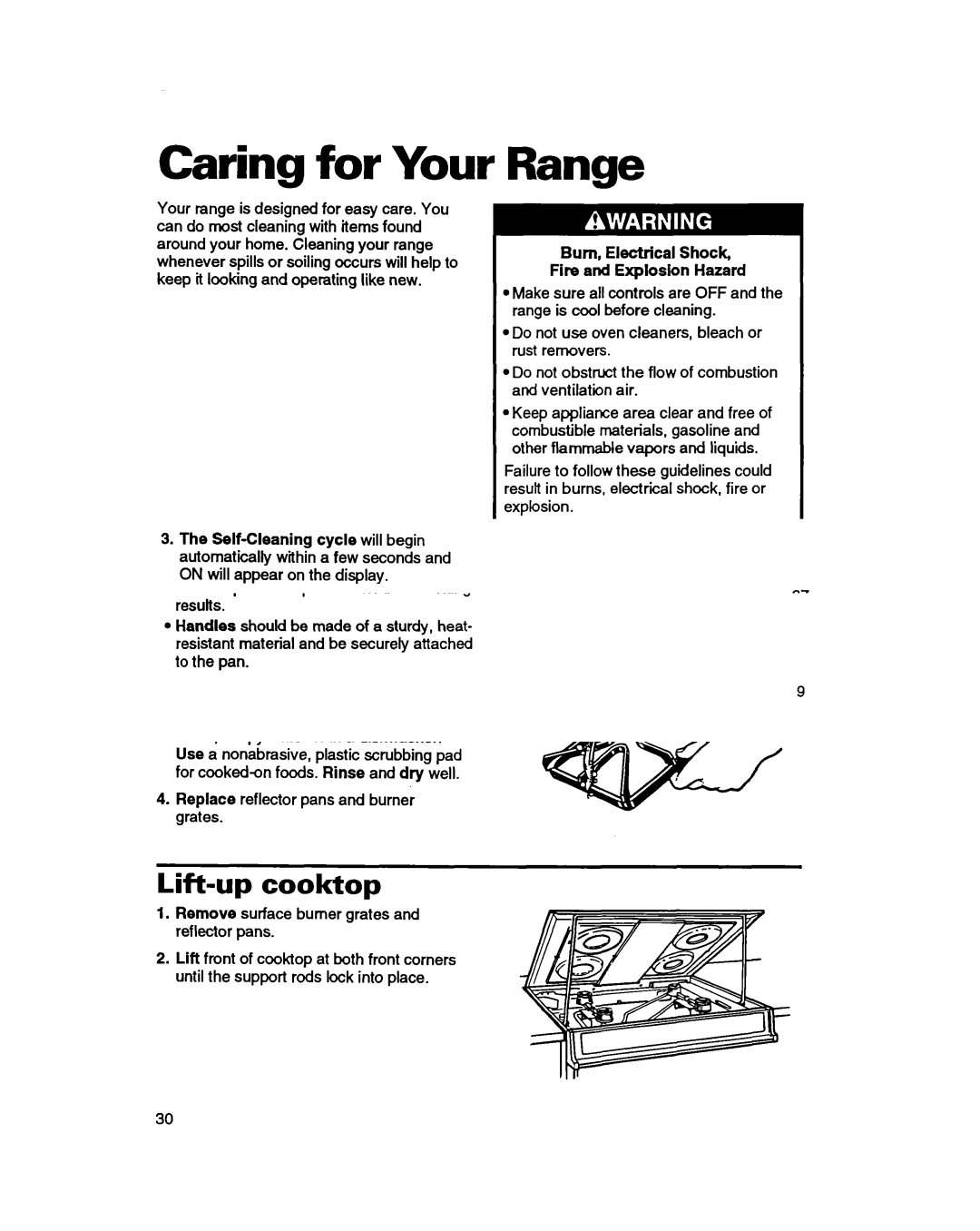 Whirlpool SS385PEB warranty Caring for Your, Range, Surface burner grates and reflector pans, Lift-up cook-top 