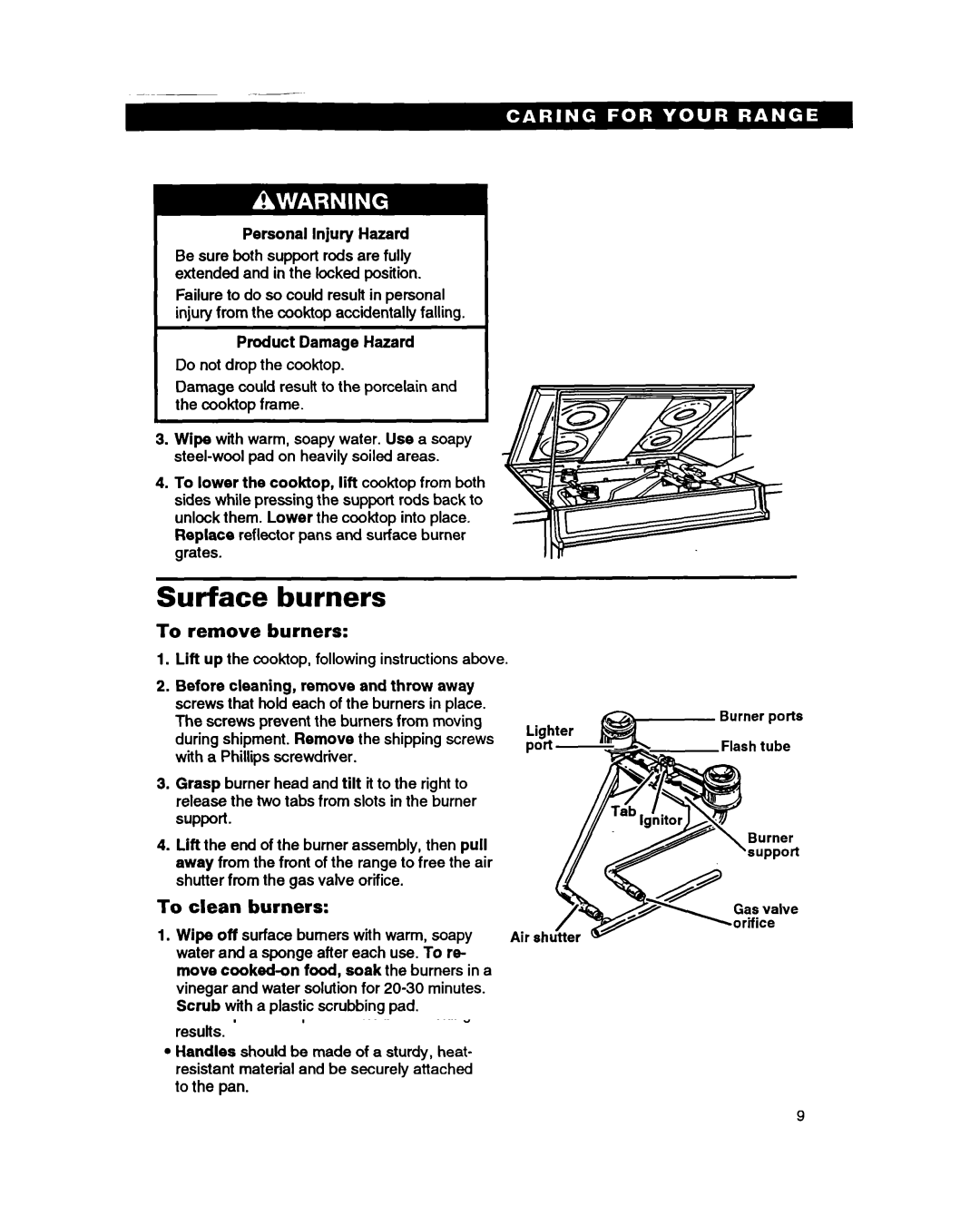 Whirlpool SS385PEB warranty Surface burners, To remove burners, To clean Burners, Wipe off 