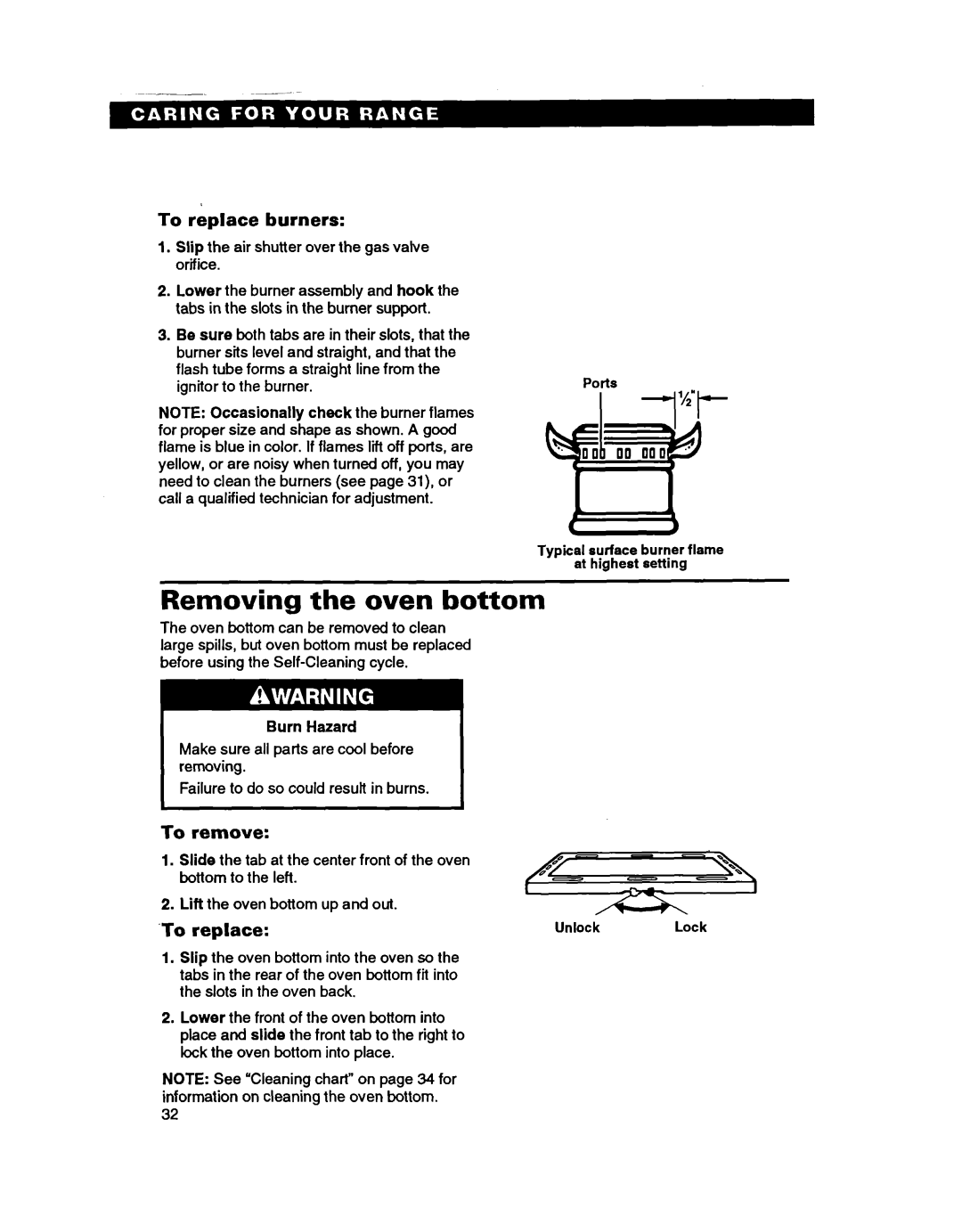 Whirlpool SS385PEB warranty Removing the oven bottom, To replace burners, To remove, ‘To replace 