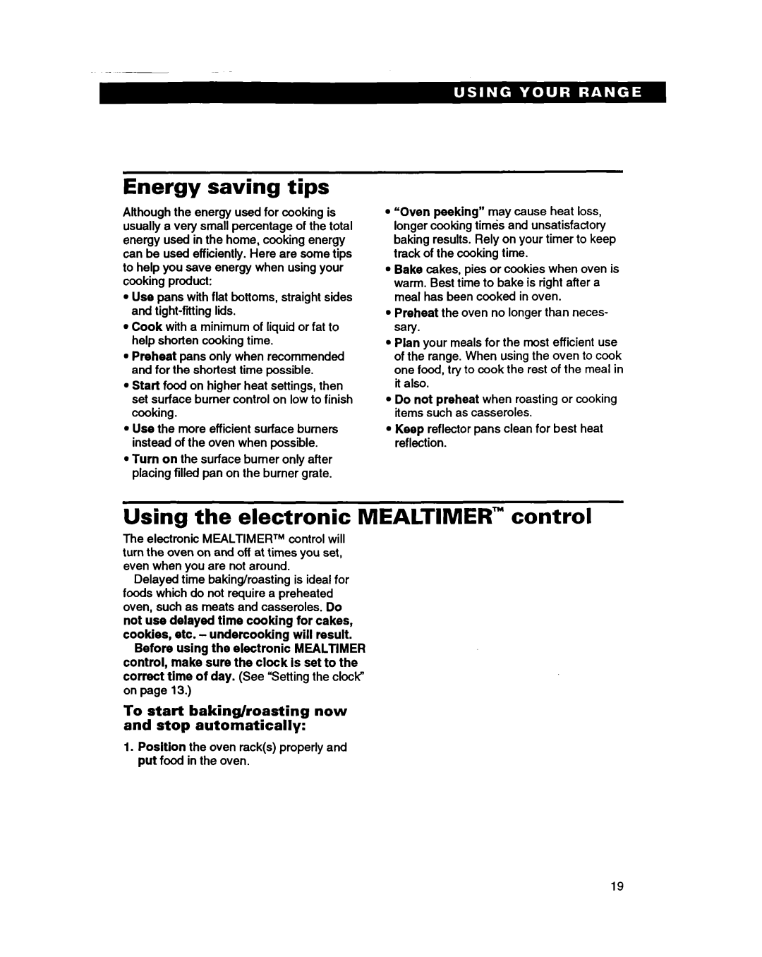 Whirlpool SS385PEB warranty Energy saving tips, Using the electronic MEALTIMER” control 