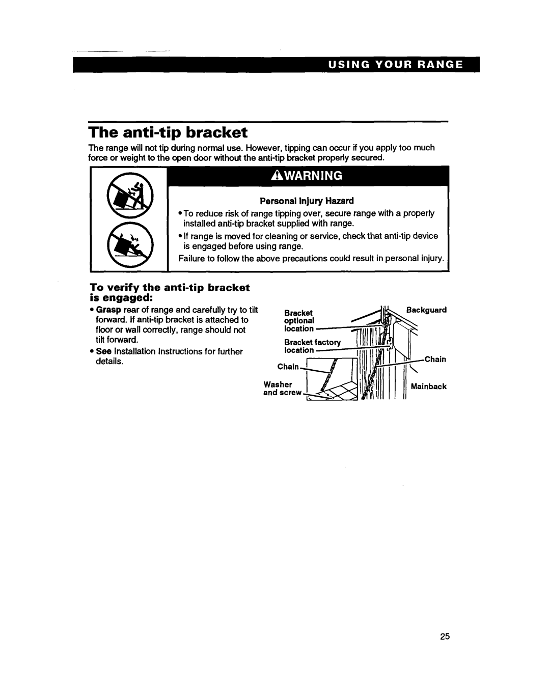 Whirlpool SS385PEB warranty The anti-tipbracket, To verify the anti-tipbracket is engaged, Personal Injury Hazard 