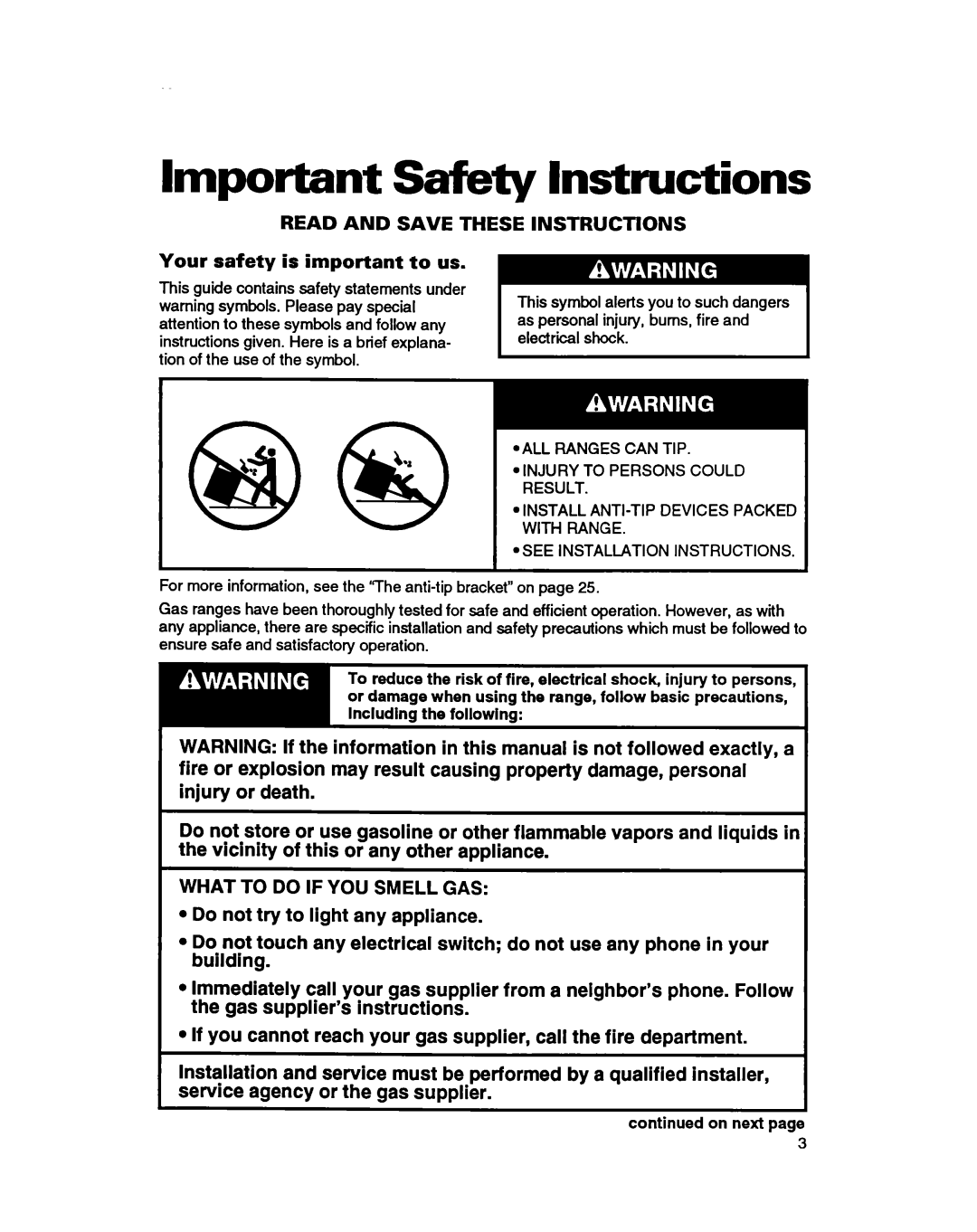 Whirlpool SS385PEB warranty Important Safety Instructions 