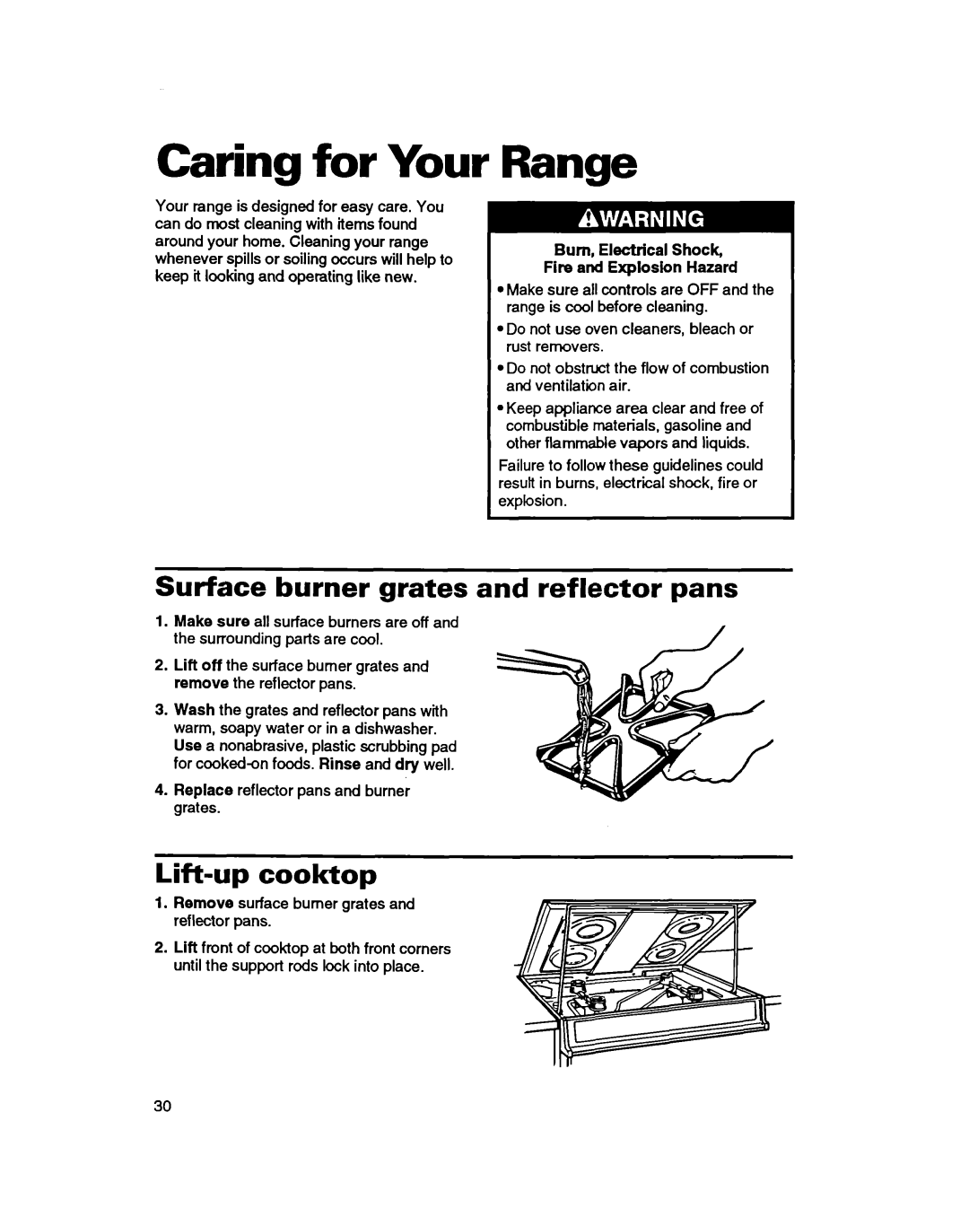 Whirlpool SS385PEB warranty Caring for Your, Range, Surface burner grates and reflector pans, Lift-up cook-top 