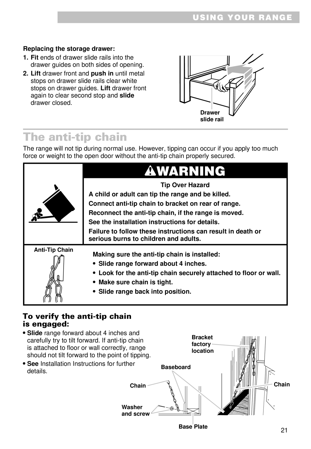 Whirlpool SS385PEE Anti-tip chain, To verify the anti-tip chain is engaged, Replacing the storage drawer 