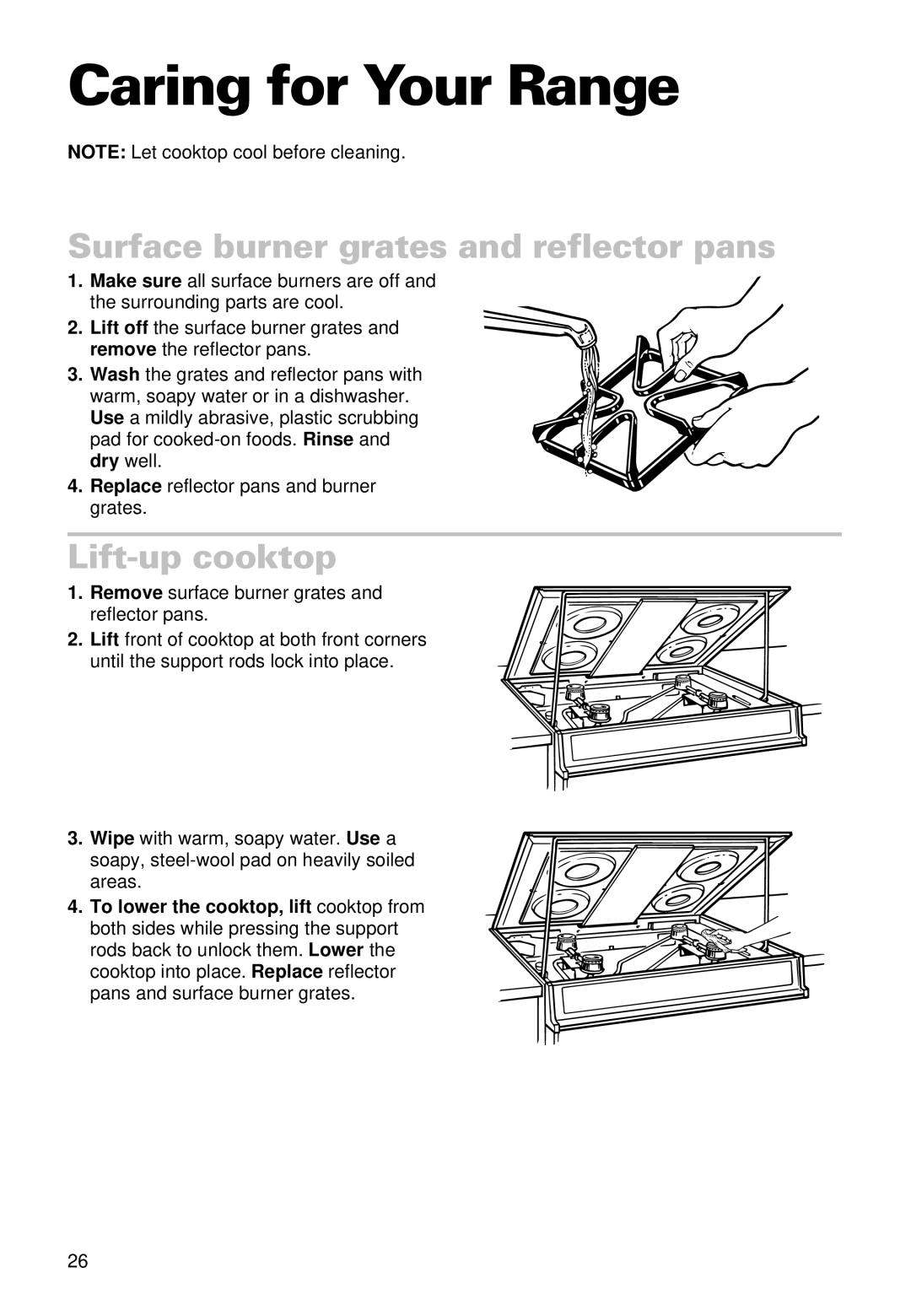 Whirlpool SS385PEE Caring for Your Range, Surface burner grates and reflector pans, Lift-up cooktop 