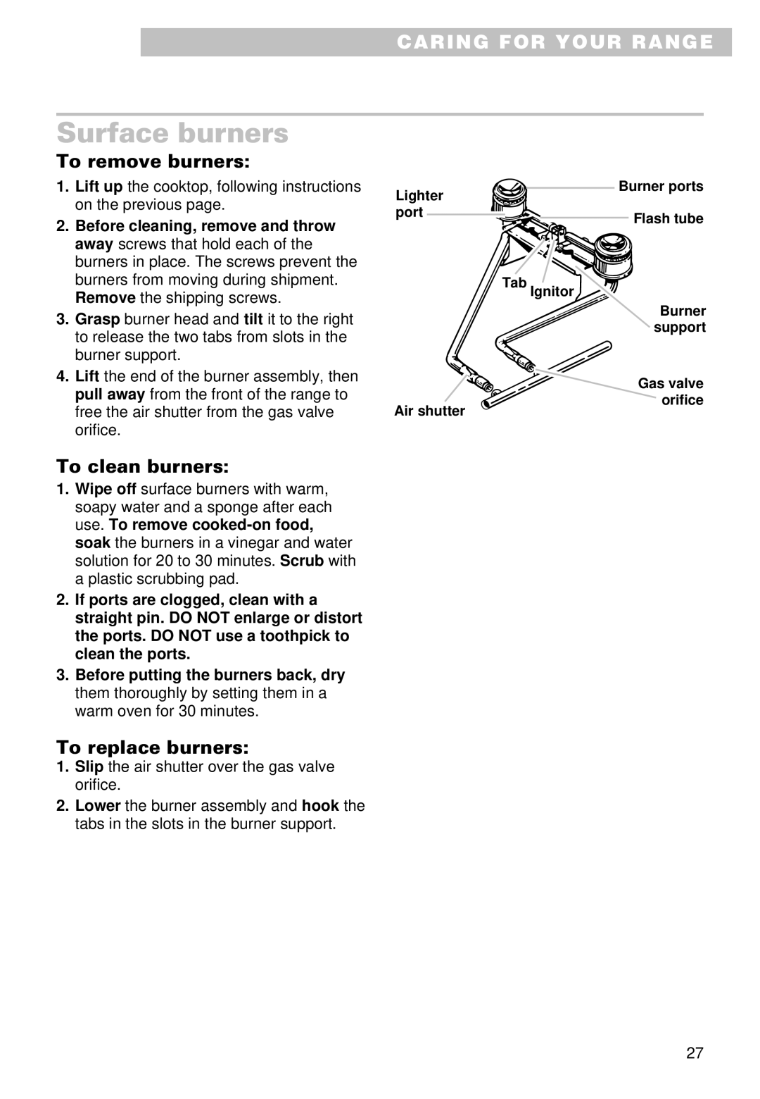 Whirlpool SS385PEE important safety instructions Surface burners, To remove burners, To clean burners, To replace burners 