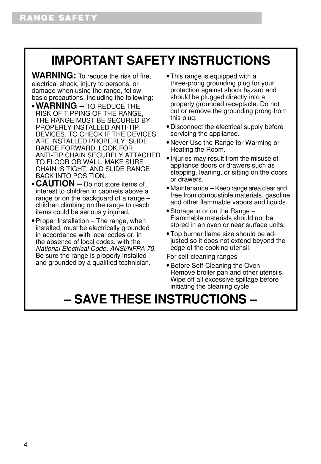 Whirlpool SS385PEE important safety instructions Important Safety Instructions 