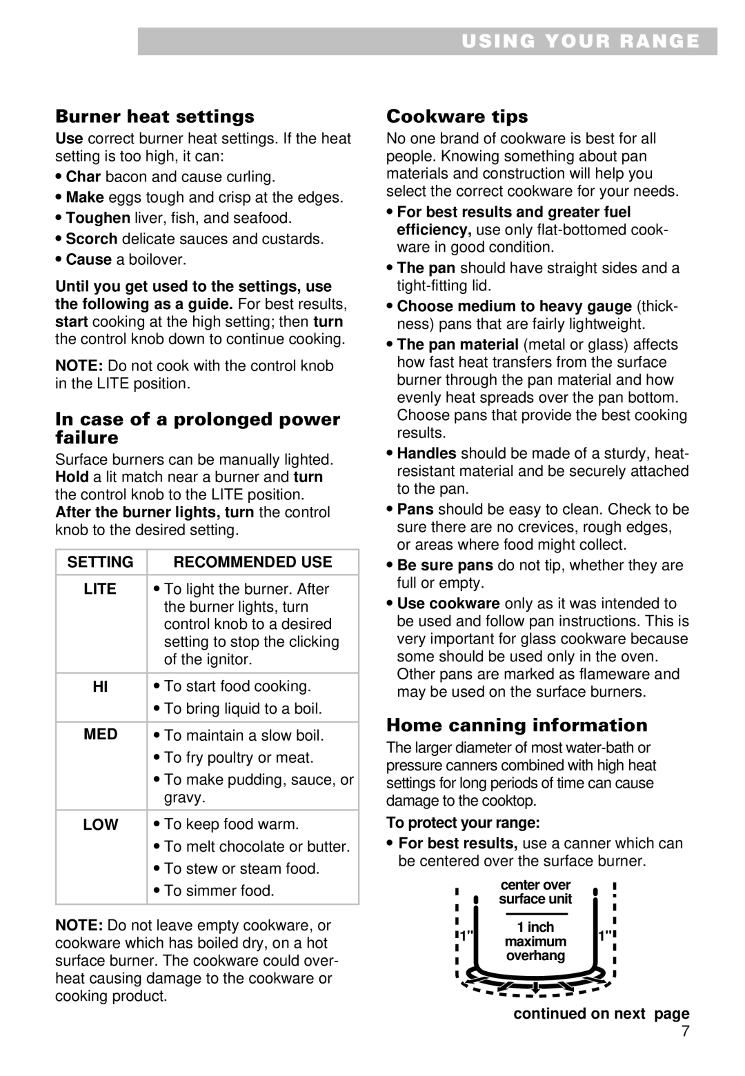 Whirlpool SS385PEE Burner heat settings Cookware tips, Case of a prolonged power failure, Home canning information 