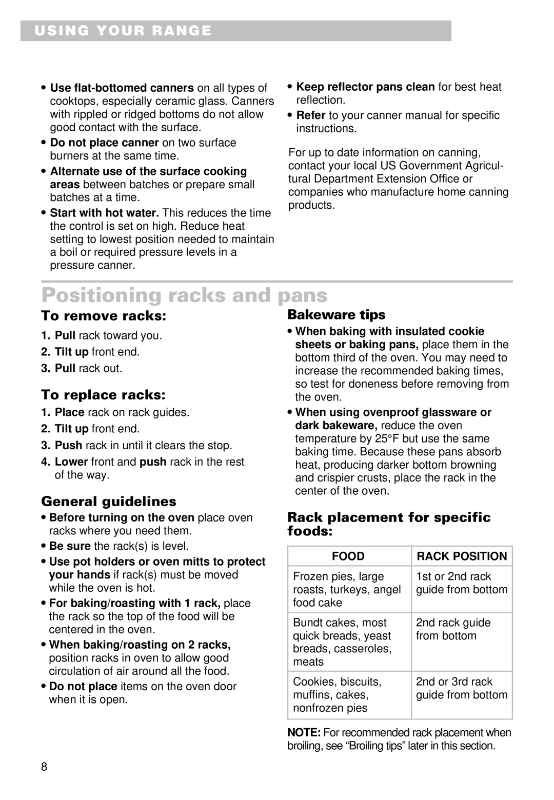 Whirlpool SS385PEE important safety instructions Positioning racks and pans 