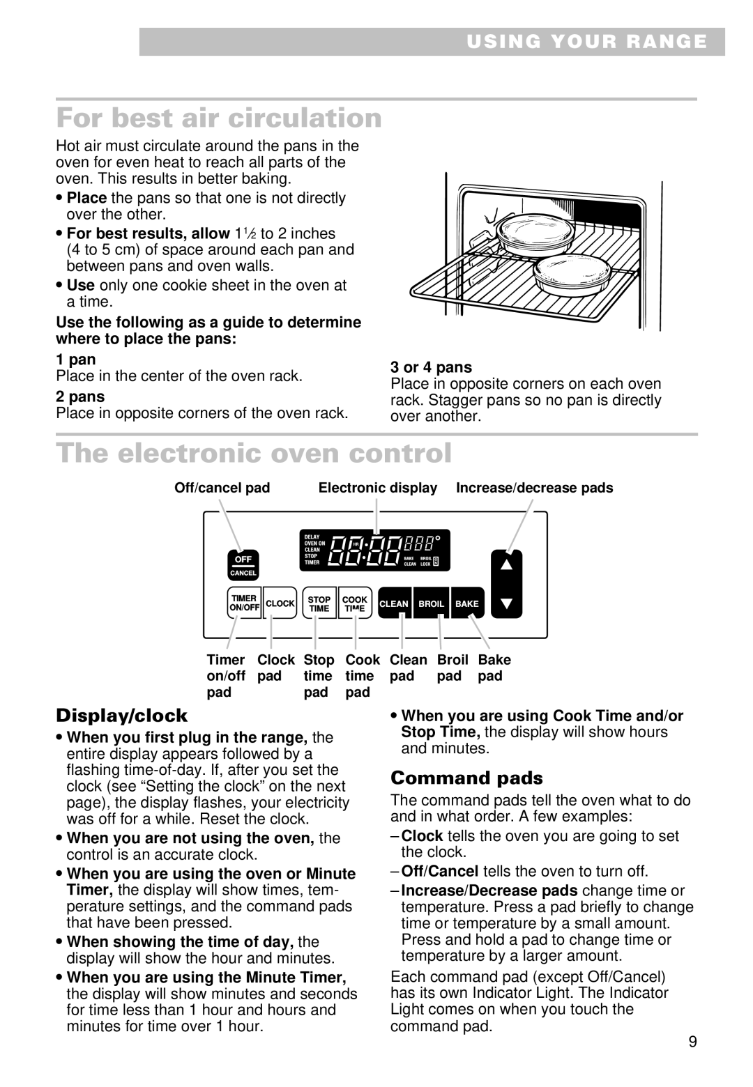 Whirlpool SS385PEE For best air circulation, Electronic oven control, Display/clock, Command pads 