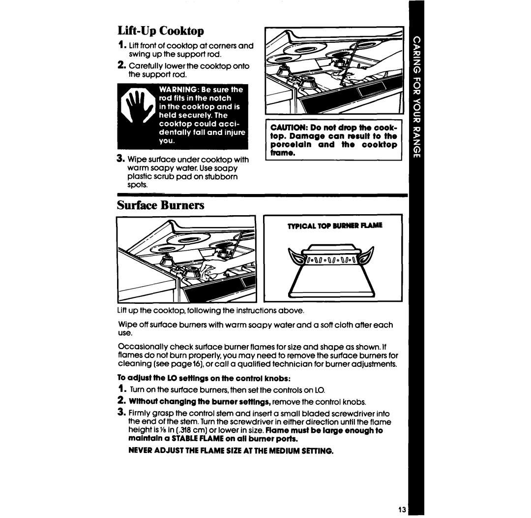 Whirlpool SS63OPER manual Lift-Up Cooktop, Surface Burners 