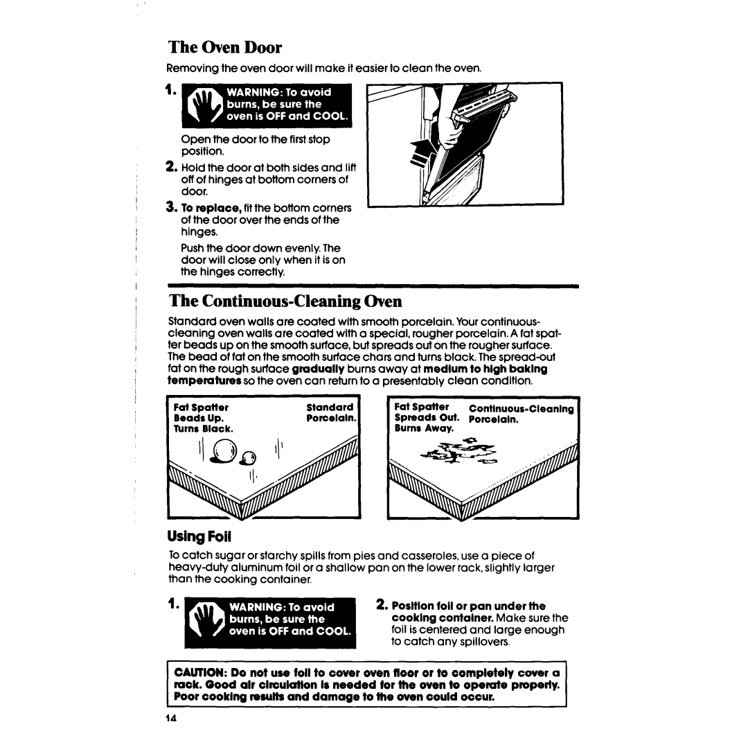 Whirlpool SS63OPER manual Oven Door, Continuous-Cleaning Oven, Using Foil 