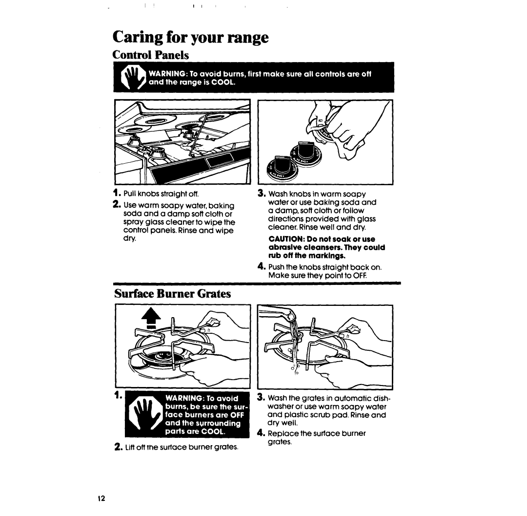 Whirlpool SS63OPER manual Caring for your range, Control Panels, Surface Burner Grates 