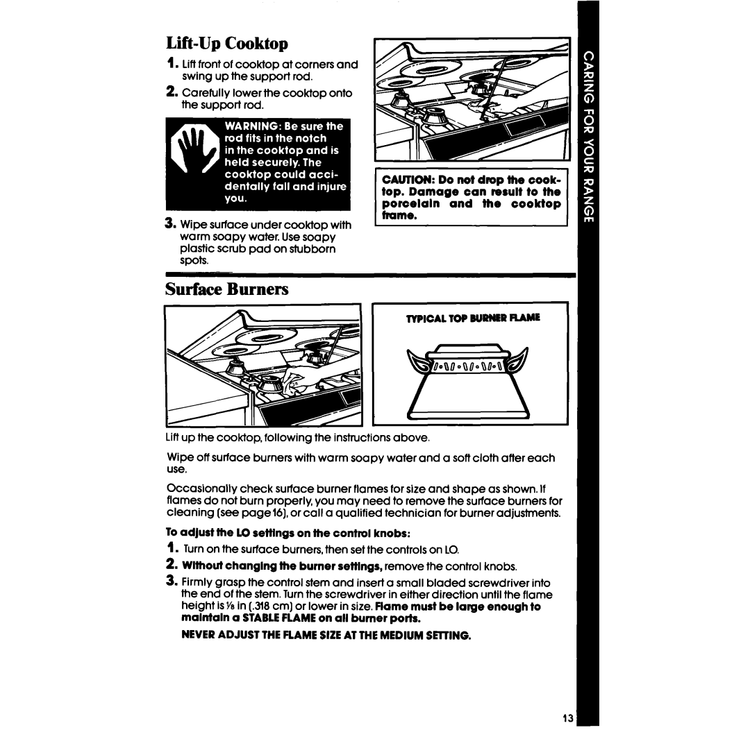 Whirlpool SS63OPER manual Lift-UpCooktop, Surface Burners 