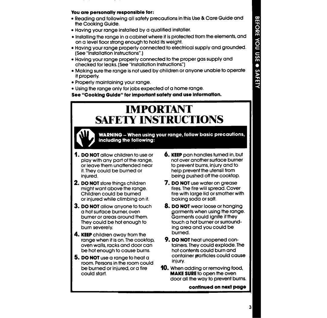 Whirlpool SS63OPER manual I Important Safety Instructions 