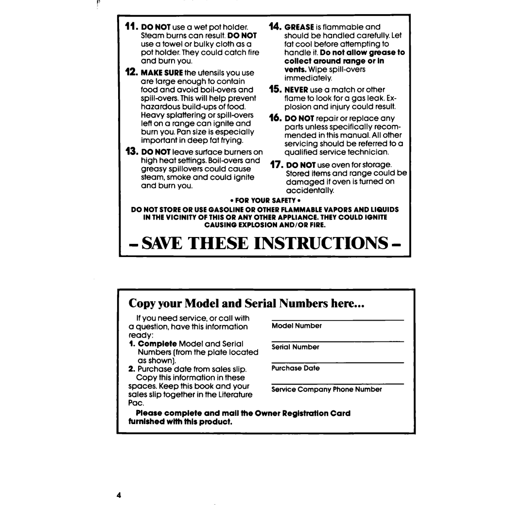 Whirlpool SS63OPER manual Save These Instructions, Copy your Model and Serial Numbers here 