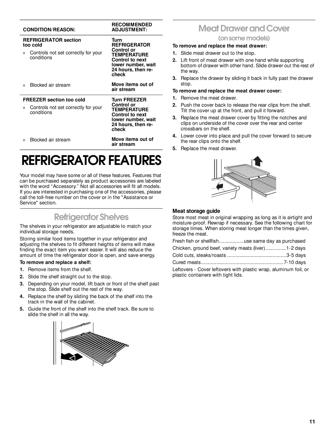 Whirlpool ST14CKXHW00 manual Refrigerator Shelves, Meat Drawer and Cover, Meat storage guide 