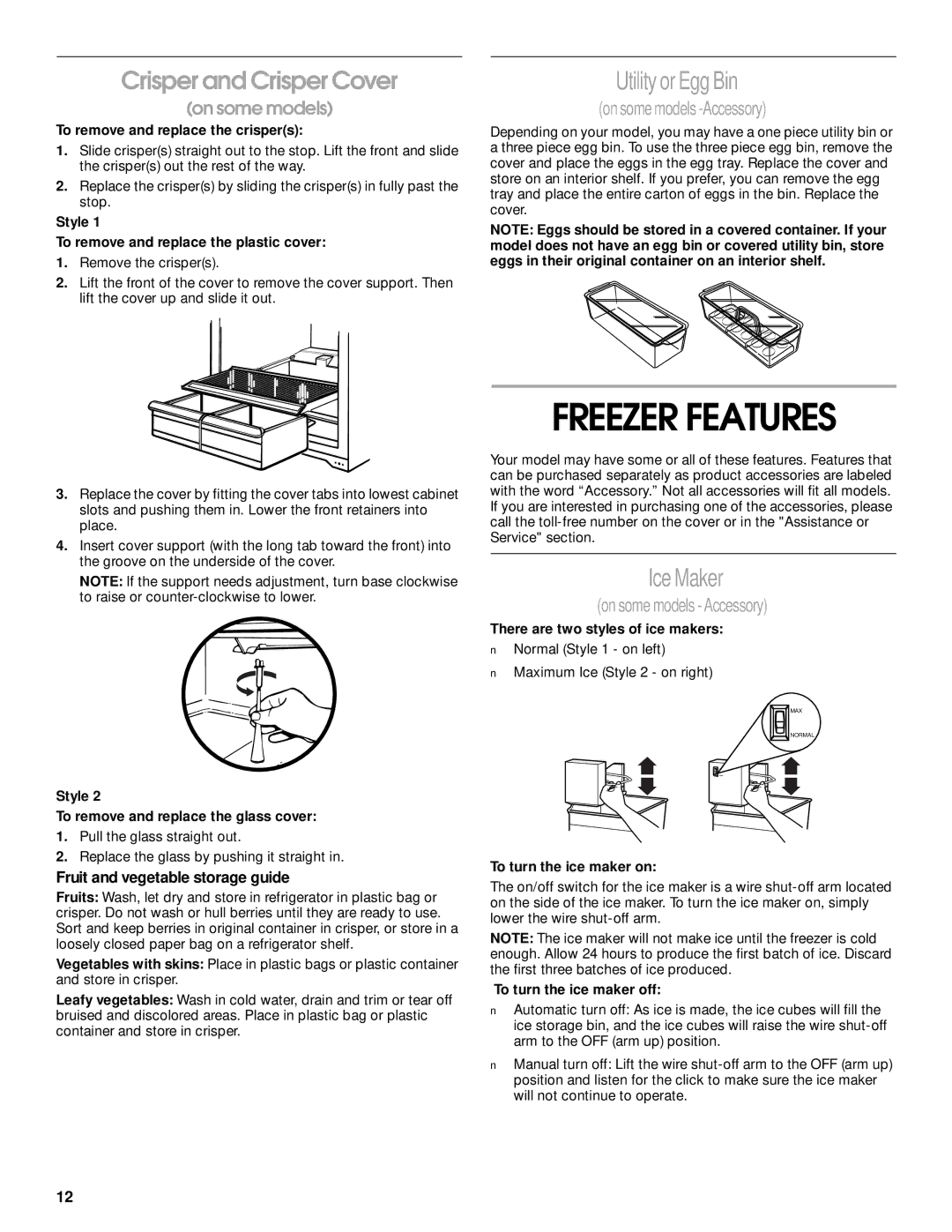 Whirlpool ST14CKXHW00 manual Freezer Features, Crisper and Crisper Cover, Fruit and vegetable storage guide 