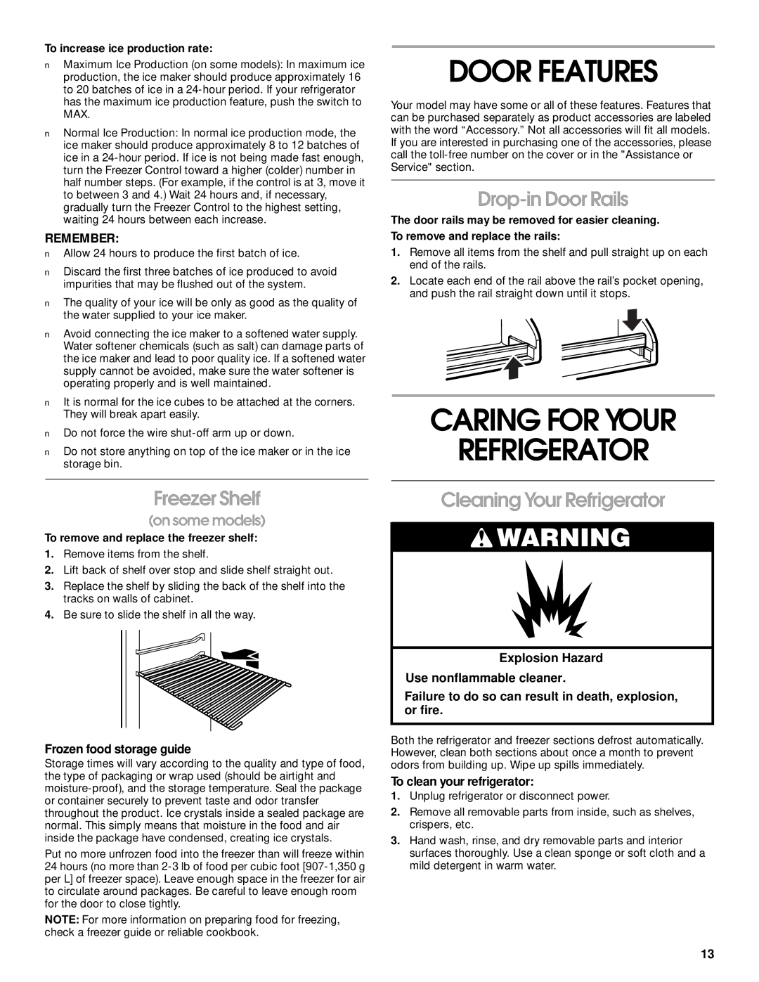 Whirlpool ST14CKXHW00 manual Door Features, Caring for Your Refrigerator, Freezer Shelf, Drop-in Door Rails 