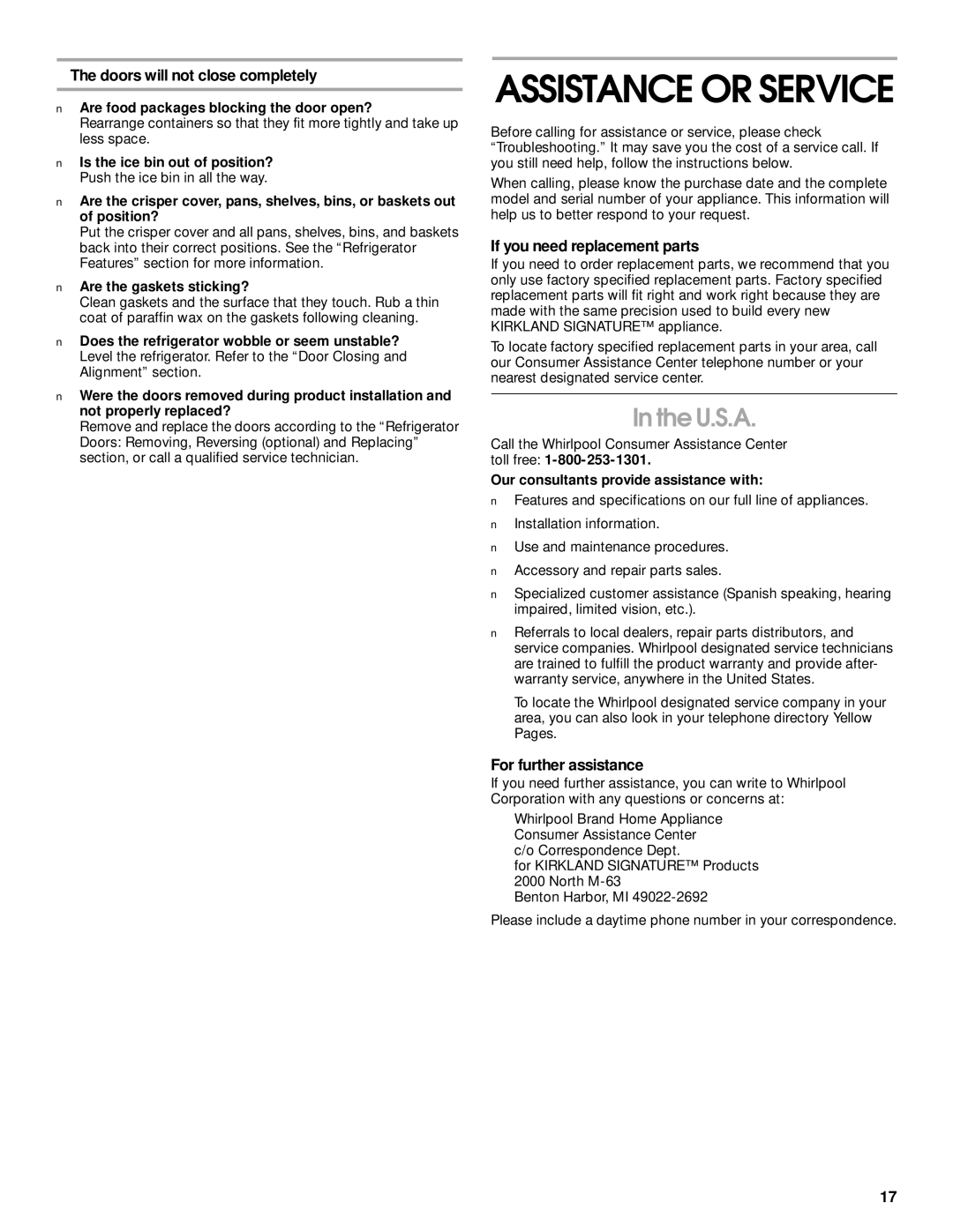 Whirlpool ST14CKXHW00 manual U.S.A, Doors will not close completely, If you need replacement parts, For further assistance 