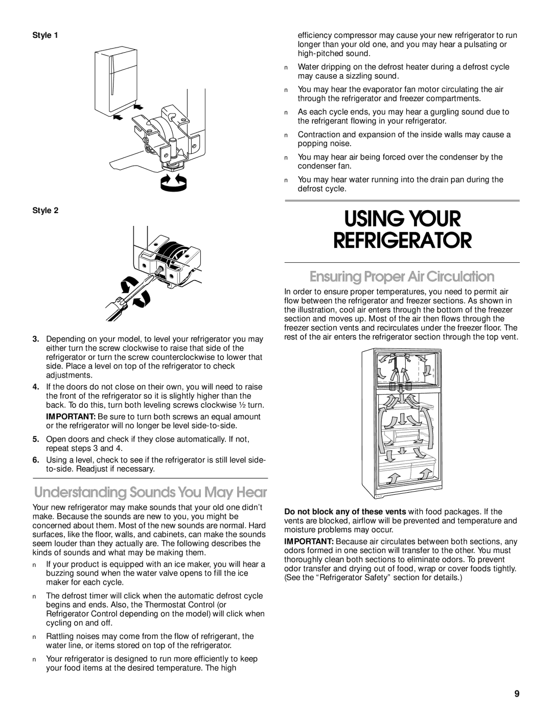 Whirlpool ST14CKXHW00 Using Your Refrigerator, Understanding Sounds You May Hear, Ensuring Proper Air Circulation, Style 