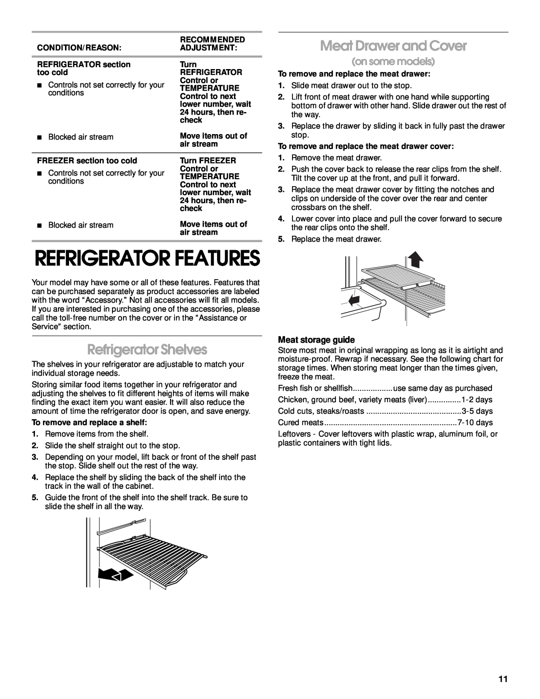 Whirlpool ST14CKXHW00 Refrigerator Shelves, Meat Drawer and Cover, on some models, Refrigerator Features, Recommended 