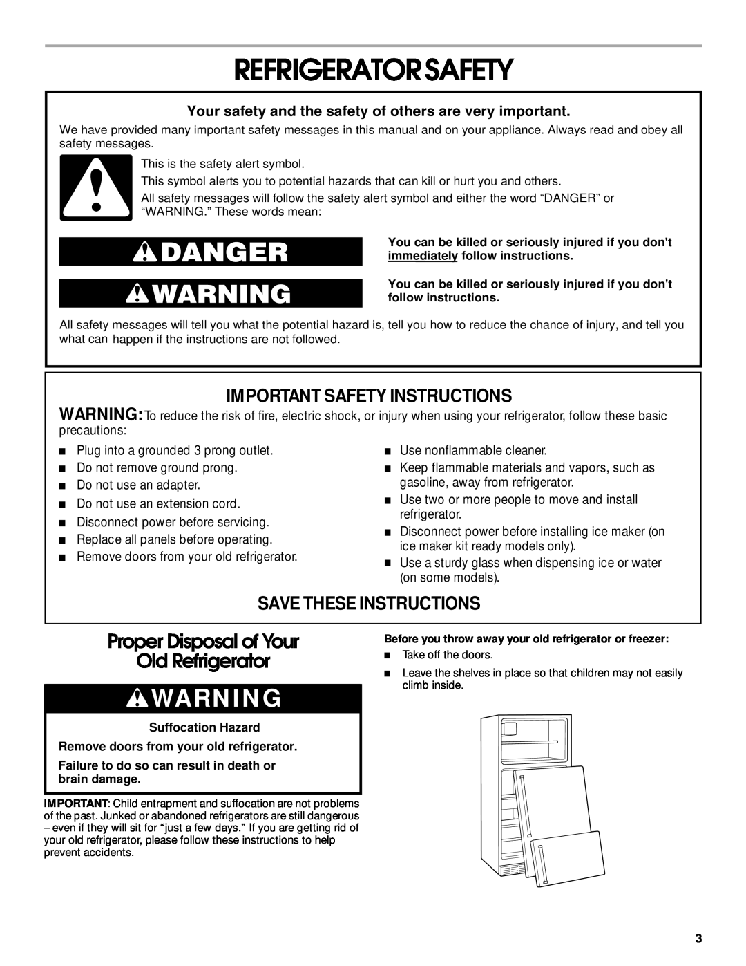 Whirlpool ST14CKXHW00 manual Refrigeratorsafety, Important Safety Instructions, Save These Instructions 