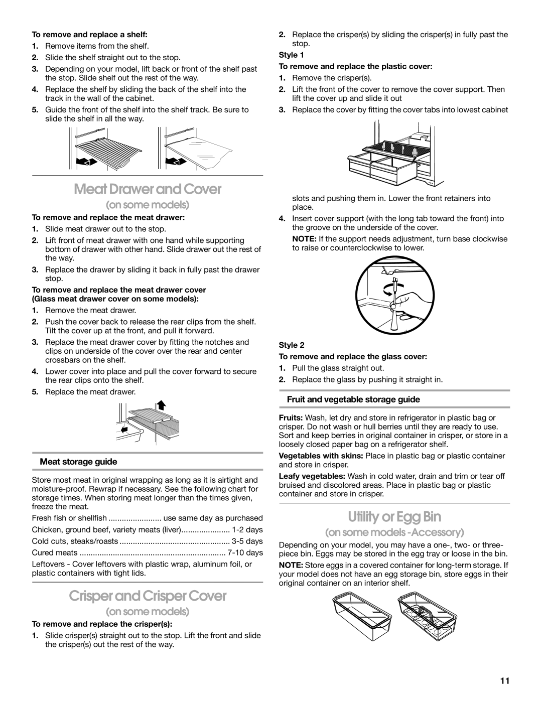 Whirlpool ST14CKXKQ00 manual Meat Drawer and Cover, Crisper and Crisper Cover, Utility or Egg Bin, Meat storage guide 