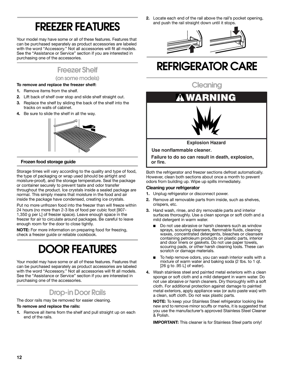 Whirlpool ST14CKXKQ00 manual Door Features, Refrigerator Care, Freezer Shelf, Drop-in Door Rails, Cleaning 