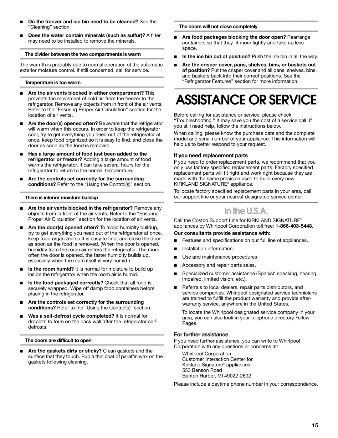 Whirlpool ST14CKXKQ00 manual U.S.A, If you need replacement parts, For further assistance 