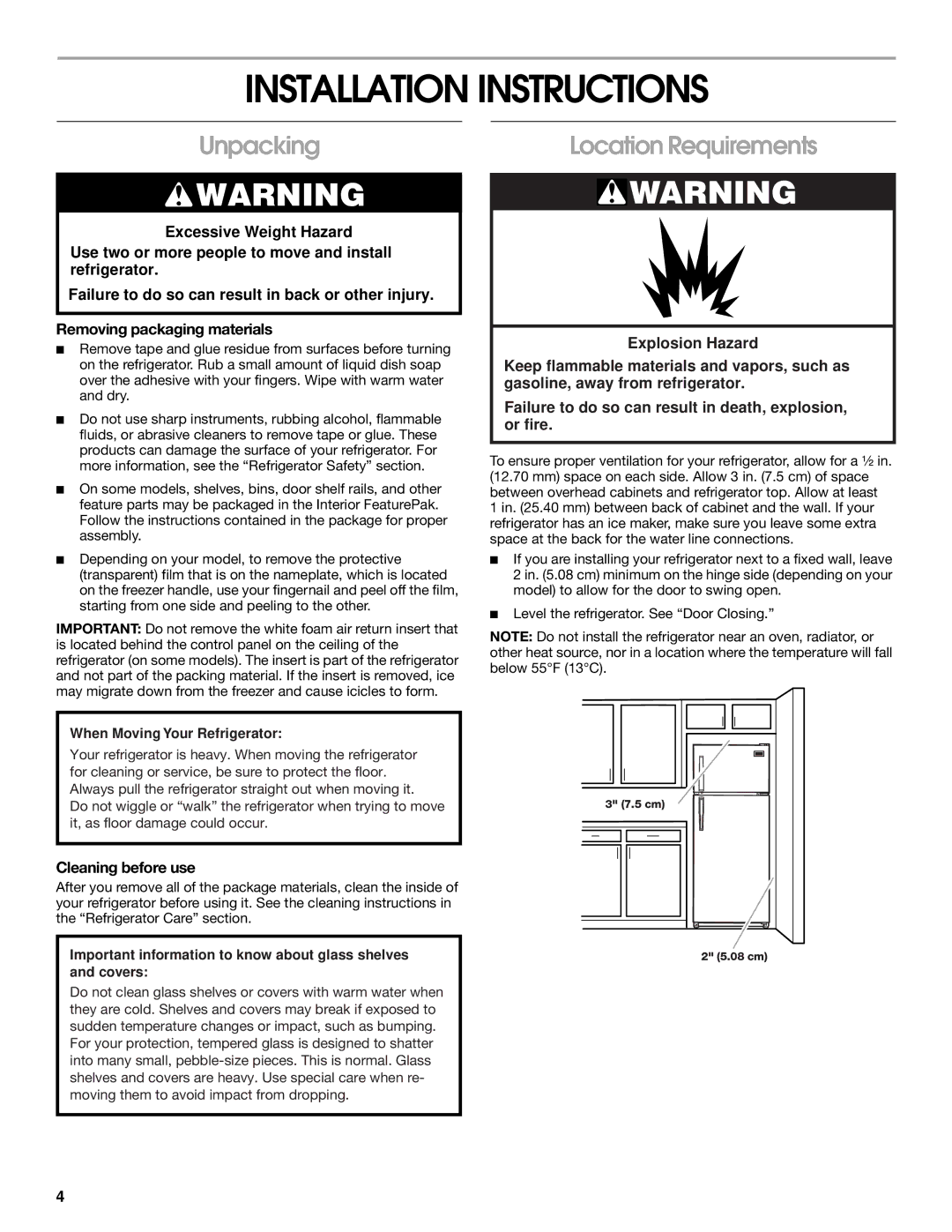 Whirlpool ST14CKXKQ00 manual Installation Instructions, Unpacking, Location Requirements, Cleaning before use 