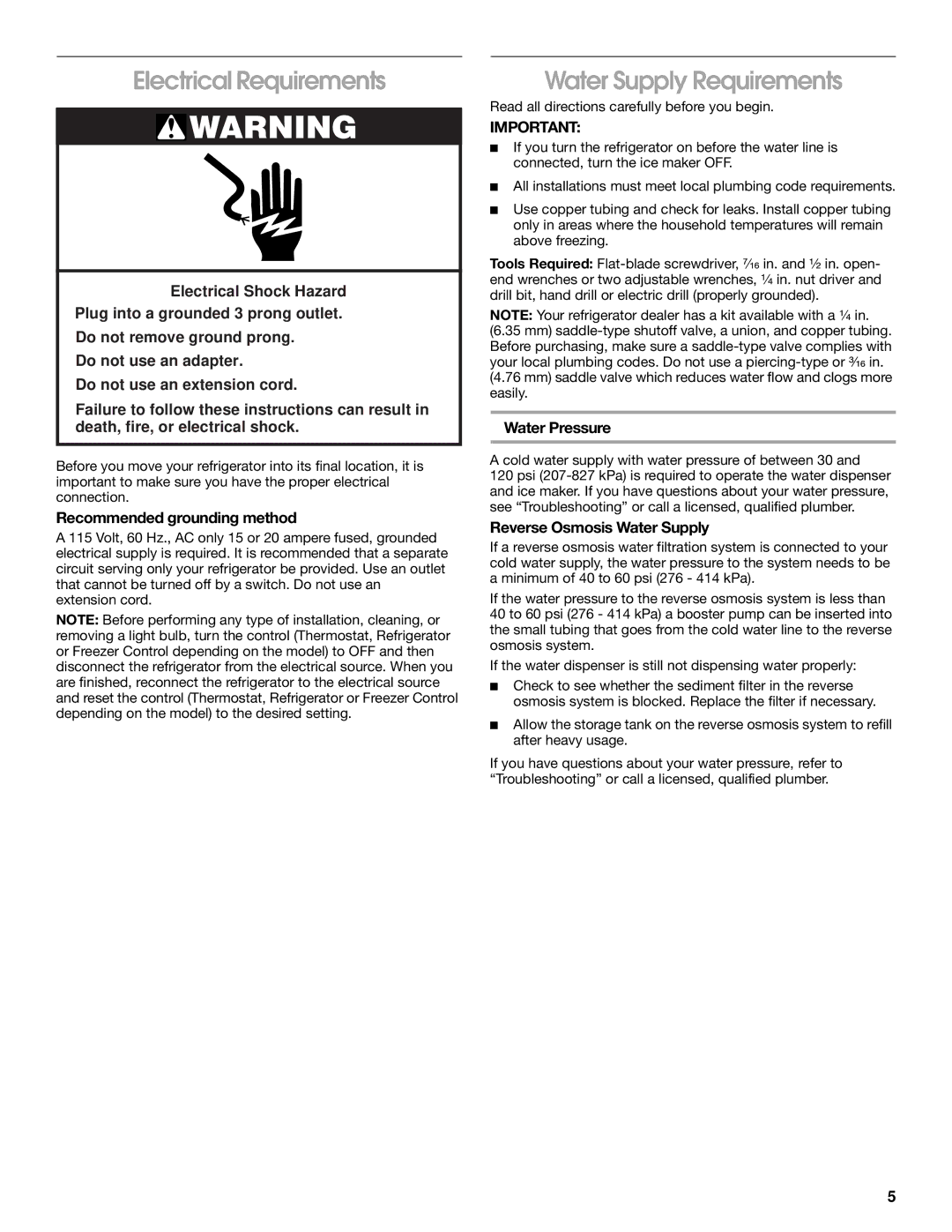 Whirlpool ST14CKXKQ00 Electrical Requirements, Water Supply Requirements, Recommended grounding method, Water Pressure 