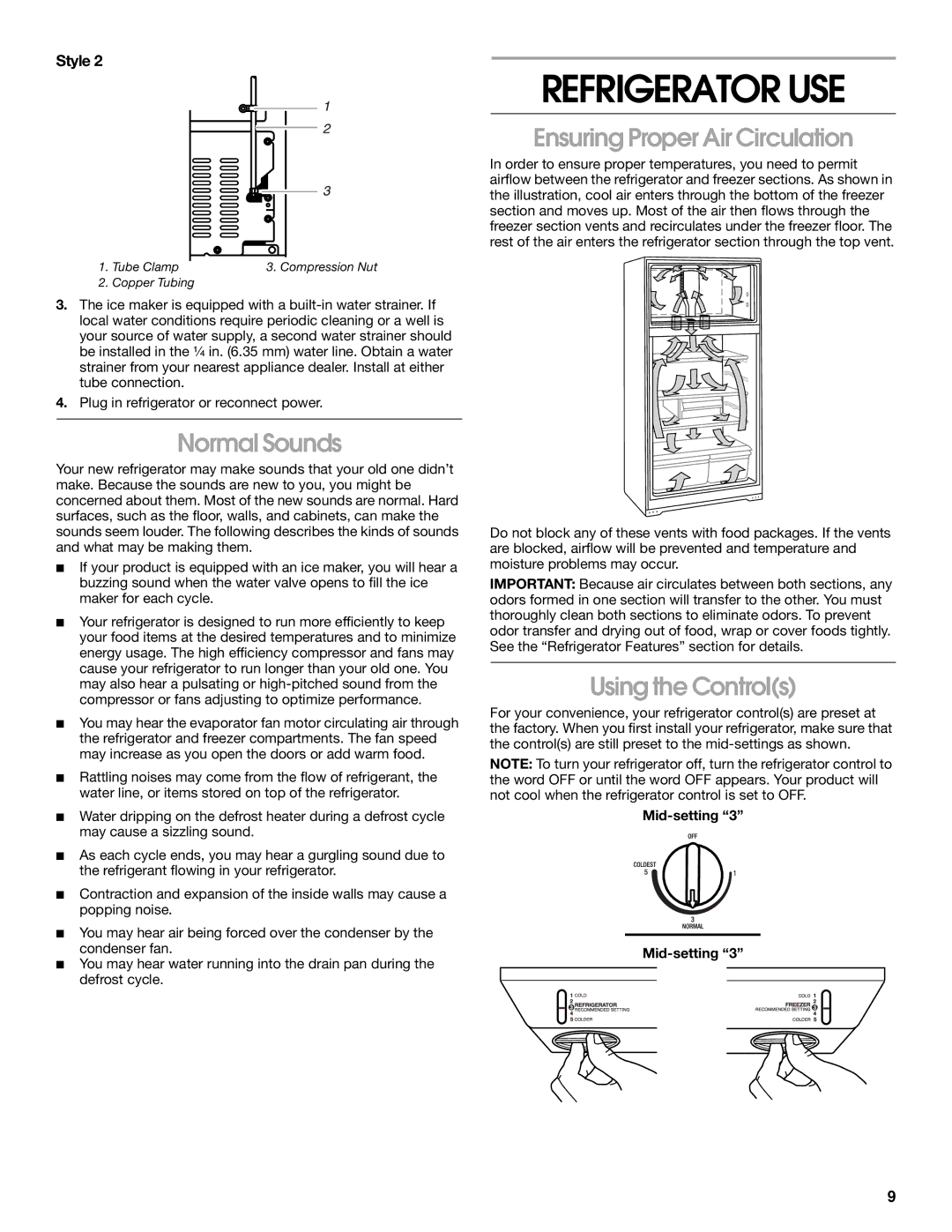 Whirlpool ST14CKXKQ00 Refrigerator USE, Normal Sounds, Ensuring Proper Air Circulation, Using the Controls, Mid-setting 