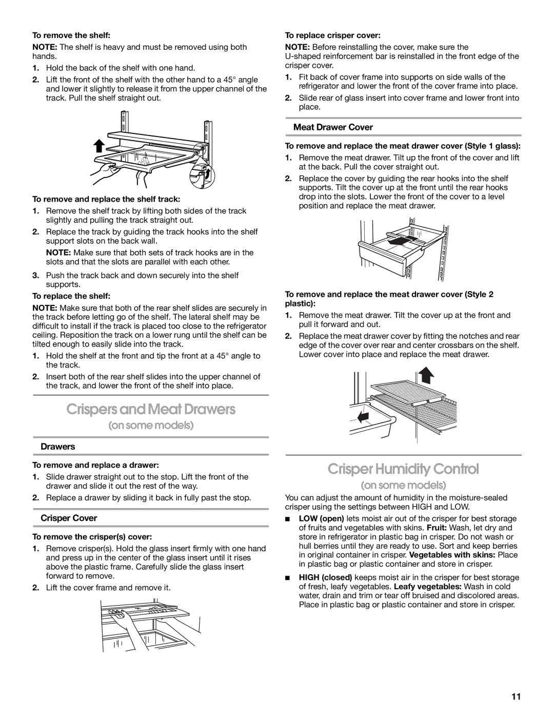 Whirlpool ST18PKXJW00 manual Crispers and Meat Drawers, Crisper Humidity Control, Crisper Cover, Meat Drawer Cover 